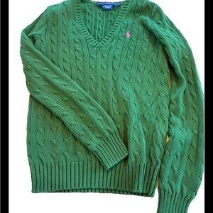 Ralph Lauren Sport Green Cable Knit V-Neck Sweater